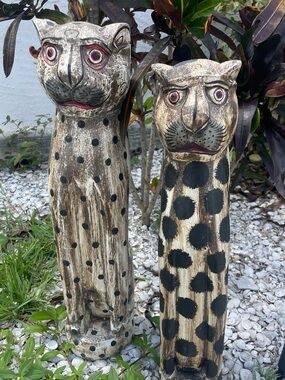 Handcrafted Rustic Leopard Wood Sculptures - Brown (2) 20” high
